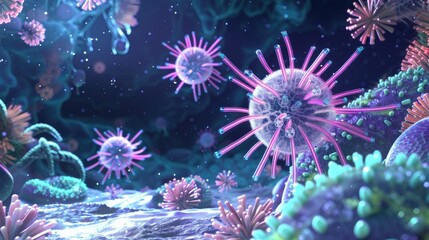A vivid and detailed 3D illustration of viral particles in a colorful and dynamic underwater setting.