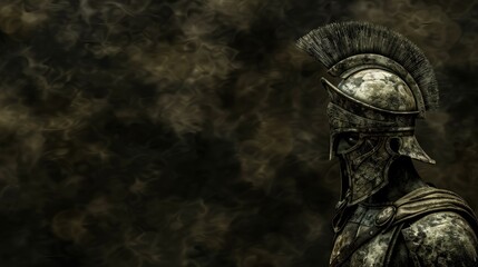 Dramatic and moody portrayal of an ancient warrior statue featuring intricate armor, set against a dark, textured background.