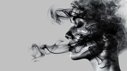 Fototapeta premium Abstract monochrome image of a woman's silhouette with swirling smoke creating a mysterious and artistic look.