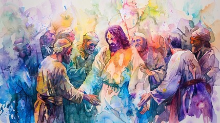 Peaceful watercolor of Jesus healing lepers