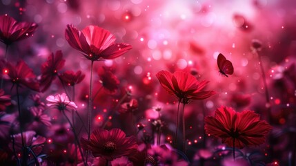 Vivid red cosmos flowers in bloom with sparkling bokeh and butterflies, creating a magical and romantic scene.