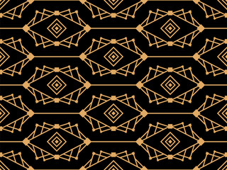 Geometric seamless pattern in line art style. Art deco geometric pattern of golden lines on a black background. Vintage linear style. Design for wallpapers, wrappers and banners. Vector illustration