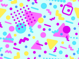 Geometric seamless pattern with memphis elements in 80s style. Colorful geometric pattern. Design of promotional products, wrapping paper and printing. Vector illustration