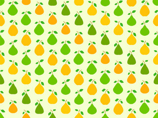 Seamless pattern with green and yellow pears. Ripe pears with two leaves. Fruit background with pears for wallpaper, wrapping paper, banners and posters. Vector illustration