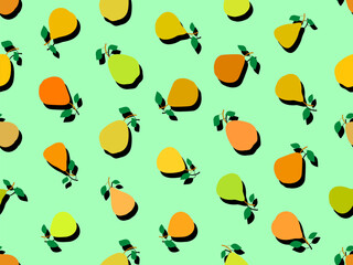 Seamless pattern of pears in flat style with shadow. Ripe pears with two leaves. Fruit background with pears for wallpaper, wrapping paper, banners and posters. Vector illustration