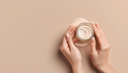 Female hands with jar of cream on beige background