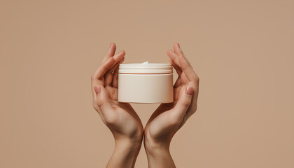 Female hands with jar of cream on beige background