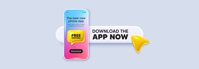 Download the app now. Phone mockup screen. Free shipping tag. Delivery included sign. Special offer symbol. Phone download app search bar. Free shipping text message. Vector