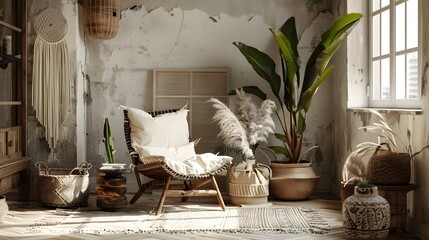 a nomadic boho interior background filled with rustic elements, providing the perfect setting to...