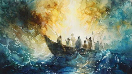 Radiant watercolor disciples' miraculous catch