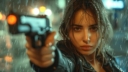 A woman holds a gun with a vengeful look on her face