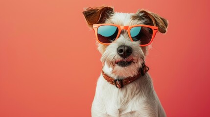 dog wearing sunglasses on a solid color background