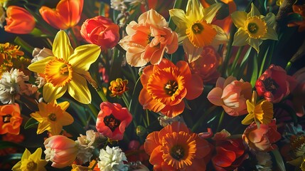 a vibrant bouquet of sun-kissed daffodils, tulips, and roses, exuding a captivating blend of warm hues and delicate petals.
