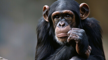 Fototapeta premium Contemplative Chimpanzee: A Close-Up Portrait of Primate Thoughtfulness in Natural Habitat