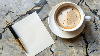 Coffee cup and pen on marble table