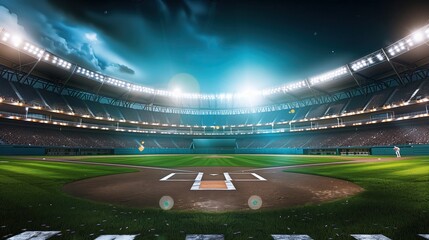 Space Copy Stadium Outdoor Field Baseball sport plate mound softball crowd fan spotlight illuminated game match arena grass dirt clay competition background turf league no people bright.