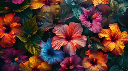 A vibrant mix of tropical hibiscus flowers, their bold colors forming a visually stunning tapestry in mesmerizing