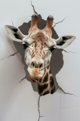 Humorous giraffe poking head through a broken wall, playful expression, creative and fun concepts.