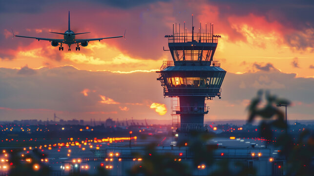 Airport air traffic control tower with airplane in the background landing or taking off at sunset. Copy space