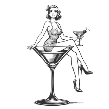retro pin-up girl enjoying a martini alcohol glass, epitomizing vintage charm and cocktail culture sketch engraving generative ai vector illustration. Scratch board imitation. Black and white image.
