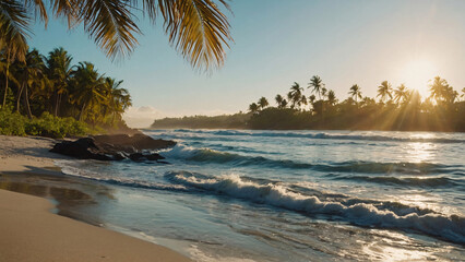 Sun-kissed Beach with Waves Caressing the Shore, Sun Glowing in the Sky Above Sparkling Waters, Palm Trees Adorning the Right, Radiant Sunshine Completing the Scenic Backdrop