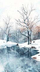 Snowy winter scene with bare trees and a frozen pond, depicted in soft watercolors, water color ,clip art
