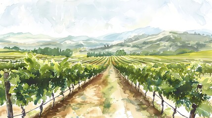 Naklejka premium Rolling vineyards painted in warm watercolors, with grapevines stretching into the distance, water color , clip art 