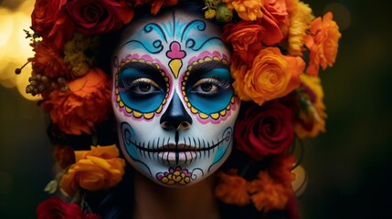 Sugar skull makeup adorned with colorful flowers