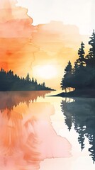 Summer sunset over a calm lake, with warm colors reflecting on the water and silhouetted trees along the shore , water color ,clip art