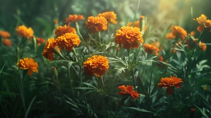 Sunlit marigolds captured in a moment of joyful bloom, their vivid orange hues popping against a...