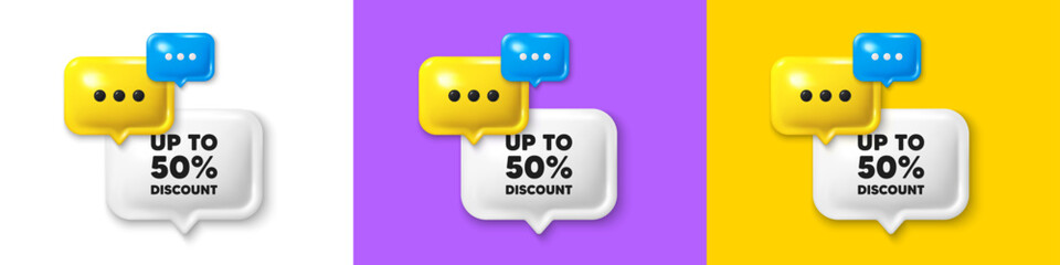 Chat speech bubble 3d icons. Up to 50 percent discount. Sale offer price sign. Special offer symbol. Save 50 percentages. Discount tag chat text box. Speech bubble banner. Offer box balloon. Vector