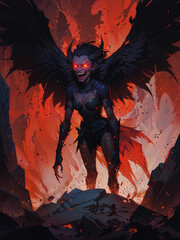 Corvus, the Ravenous Harpy: Sinister AI Artwork Reveals Terrifying Feathers, Fiery Eyes, and Jagged Talons in Desolate Chasm.