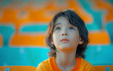 A young boy with brown hair and blue eyes is sitting on a chair in an orange shirt. He looks up at the camera with a serious expression on his face - Powered by Adobe