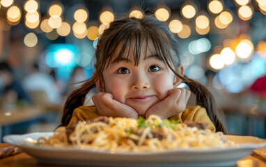 Naklejka premium A young girl is sitting at a table with a plate of spaghetti in front of her. She is smiling and looking at the camera