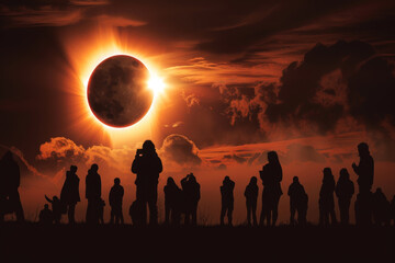 A group of people are standing on a hillside, watching a large sun as it sets - Powered by Adobe