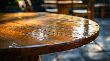 Warmly Lit Wooden Table in Elegant Lobby