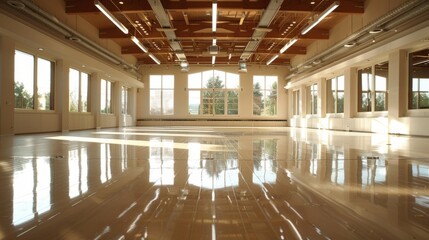 A large, empty room with a lot of windows. The room is very clean and has a very bright, open feeling