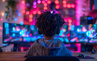 Fototapeta premium A young boy is sitting in front of a computer monitor with a headset on. He is playing a video game and he is enjoying himself. The room is brightly lit with colorful lights, creating a fun