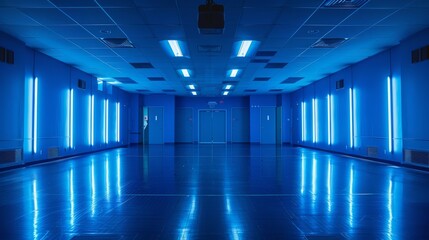 A large, empty room with blue walls and blue lights. The room is very bright and spacious, giving off a feeling of openness and cleanliness