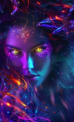 Fototapeta premium Enigmatic fantasy woman with glowing yellow eyes and vibrant visuals.