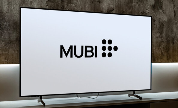 Flat-screen TV set displaying logo of Mubi