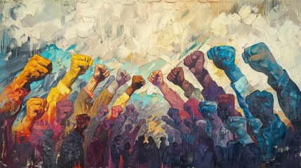 A painting of a crowd of people with their hands raised in the air. The painting is titled "The Power of the People"