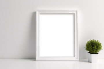 Weißes Rahmenmodell im Innenraum auf weißem Wandhintergrund. Vorlagenrahmen für Text. Poster-Attrappe. Rechteckiges Wandbild oder Fotorahmen-Attrappe