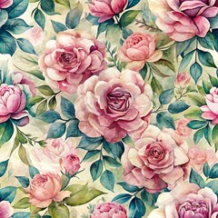 Vintage-style watercolor seamless pattern of lush, romantic roses perfect for textile, classic home decor or elegant stationery designs.