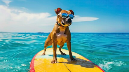 surfing cute Staffordshire Terrier, side view, with sunglasses, standing on surfboard in the blue ocean