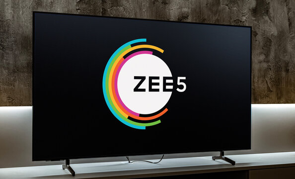 Flat-screen TV set displaying logo of ZEE5