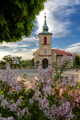 Evangelical chapel in Zamarski in the afternoon light with flowers in the foreground
