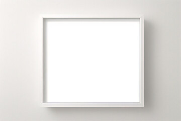 Fototapeta premium Weißes Rahmenmodell im Innenraum auf weißem Wandhintergrund. Vorlagenrahmen für Text. Poster-Attrappe. Rechteckiges Wandbild oder Fotorahmen-Attrappe