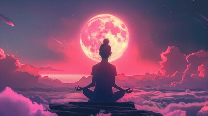 A woman meditating on a rock with a pink moon in the background