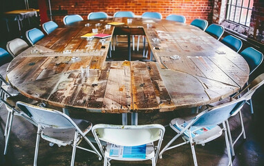 A large wooden table with many chairs around it. The chairs are mostly blue and white. The table is surrounded by a group of people